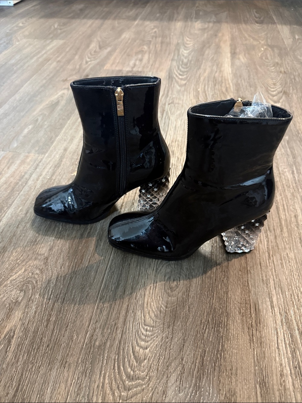 Jimmy Choo Black Patent Ankle Boots with Crystal Block Heels